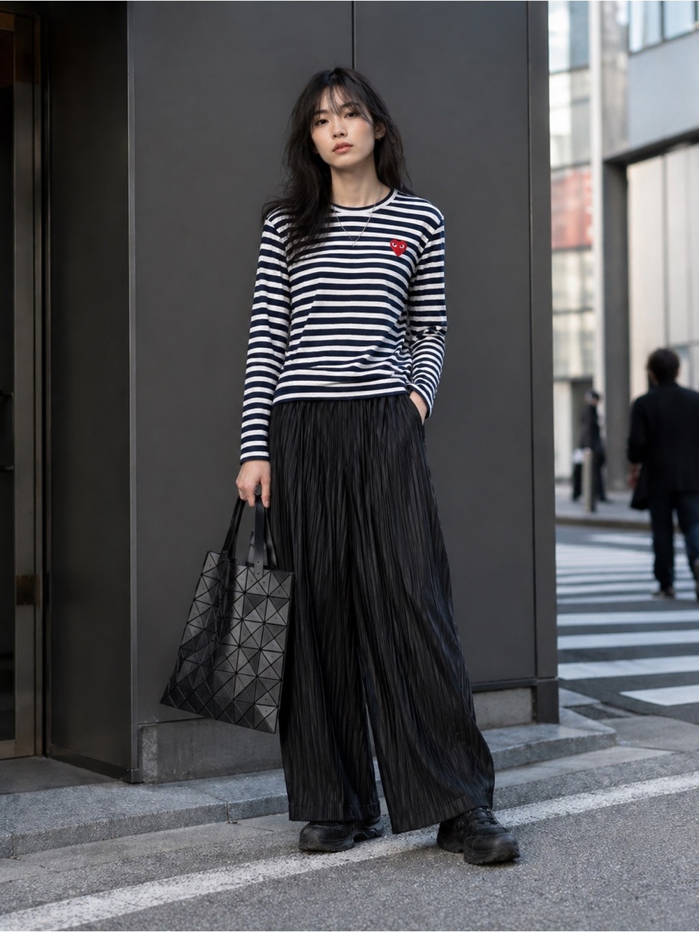 Comme des Garçons Navy & White Striped Long-Sleeve Tee with Red Heart